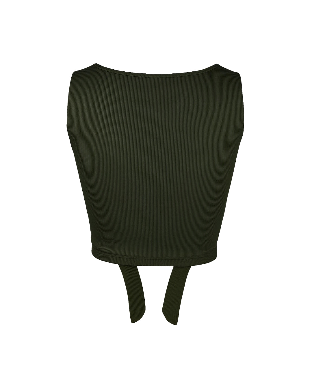 Black ribbed crop top with a tie detail on a white background