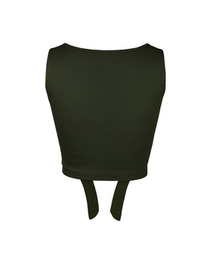 Black ribbed crop top with a tie detail on a white background