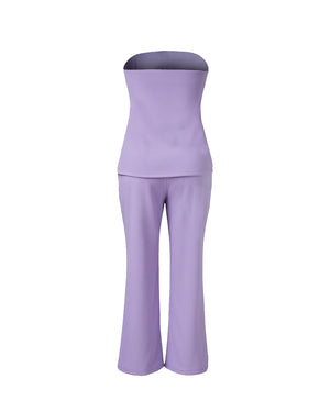 Purple strapless top and pants set on a white background