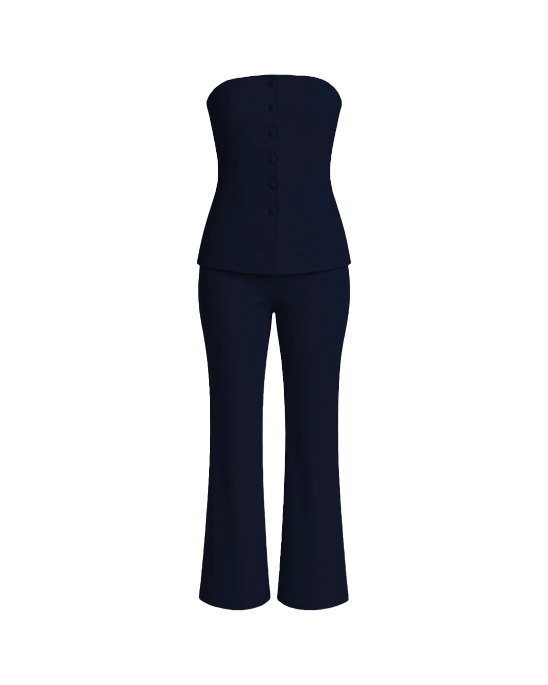 Navy blue strapless top and pants set on a white background