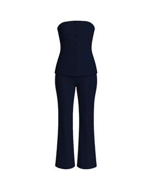 Navy blue strapless top and pants set on a white background