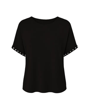 Black t-shirt with decorative cut-out shoulders on a white background