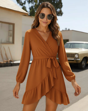 Woman wearing a brown dress with long sleeves and a vintage car in the background