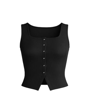 Black sleeveless top with button details on a white background