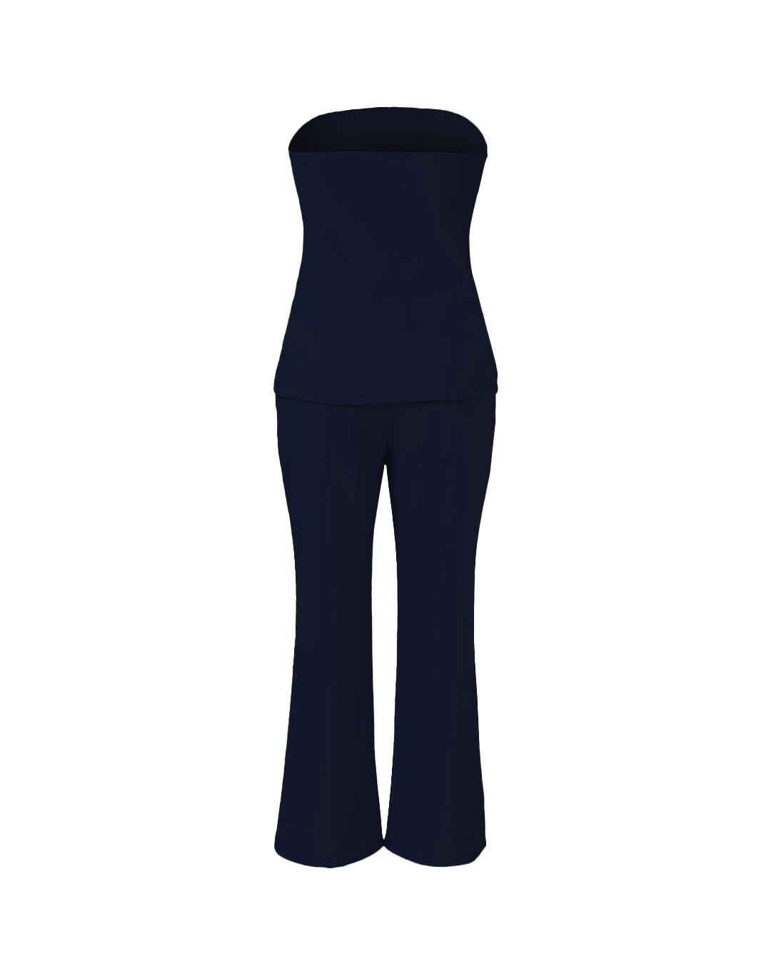 Navy blue strapless jumpsuit on a white background