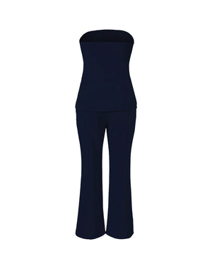 Navy blue strapless jumpsuit on a white background