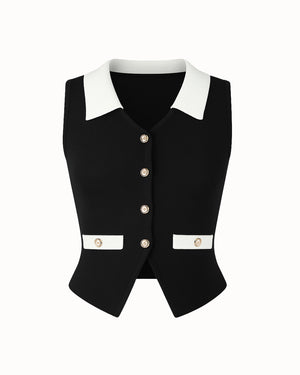 Black vest with white collar and buttons on a white background