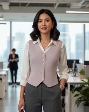 Woman in a professional outfit standing in an office setting