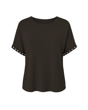 Black t-shirt with studded details on sleeves against a white background