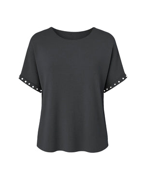 Black t-shirt with studded details on sleeves against a white background