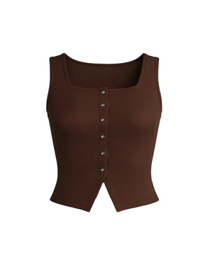 Brown ribbed tank top with buttons on a white background