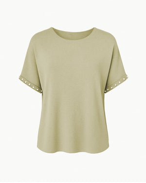 Beige t-shirt with decorative cut-out sleeves on a white background