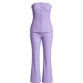 Lavender strapless top and flared pants set on a white background