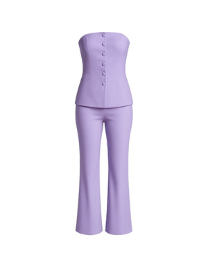 Lavender strapless top and flared pants set on a white background