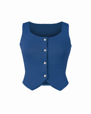 Blue vest with button details on a white background