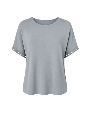 Gray t-shirt with decorative cut-out shoulders on a white background