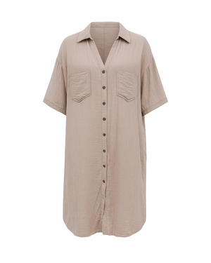Beige shirt dress with short sleeves on a white background