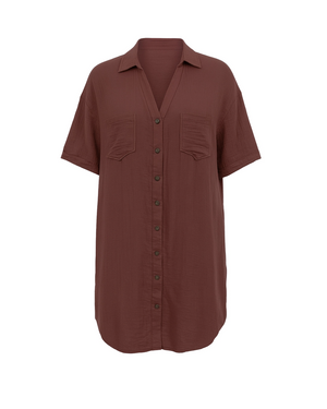 Brown short-sleeve shirt with two front pockets on a white background