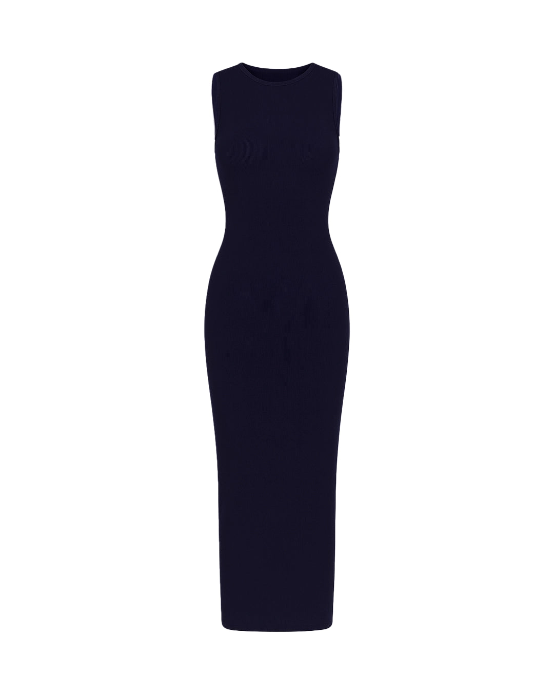 Navy blue sleeveless dress on a white background