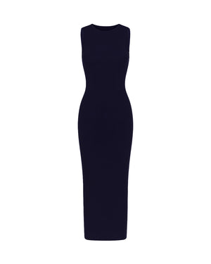 Navy blue sleeveless dress on a white background