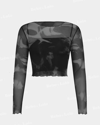 BeboNLolo black sheer mesh long-sleeve crop top with abstract pattern – Front View