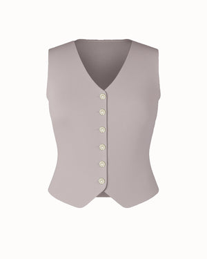 Gray vest with button details on a white background