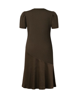 Brown dress with a unique skirt design on a white background