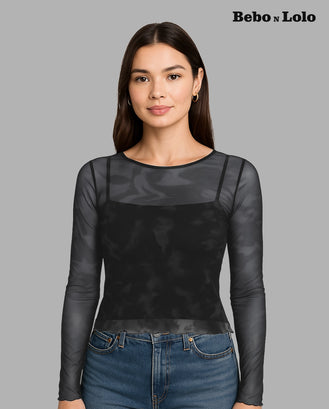 BeboNLolo black sheer mesh long-sleeve top with camisole layered Front View