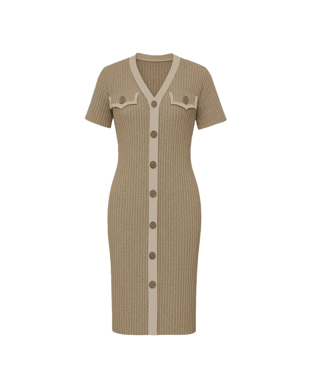 Beige ribbed dress with button details on a white background