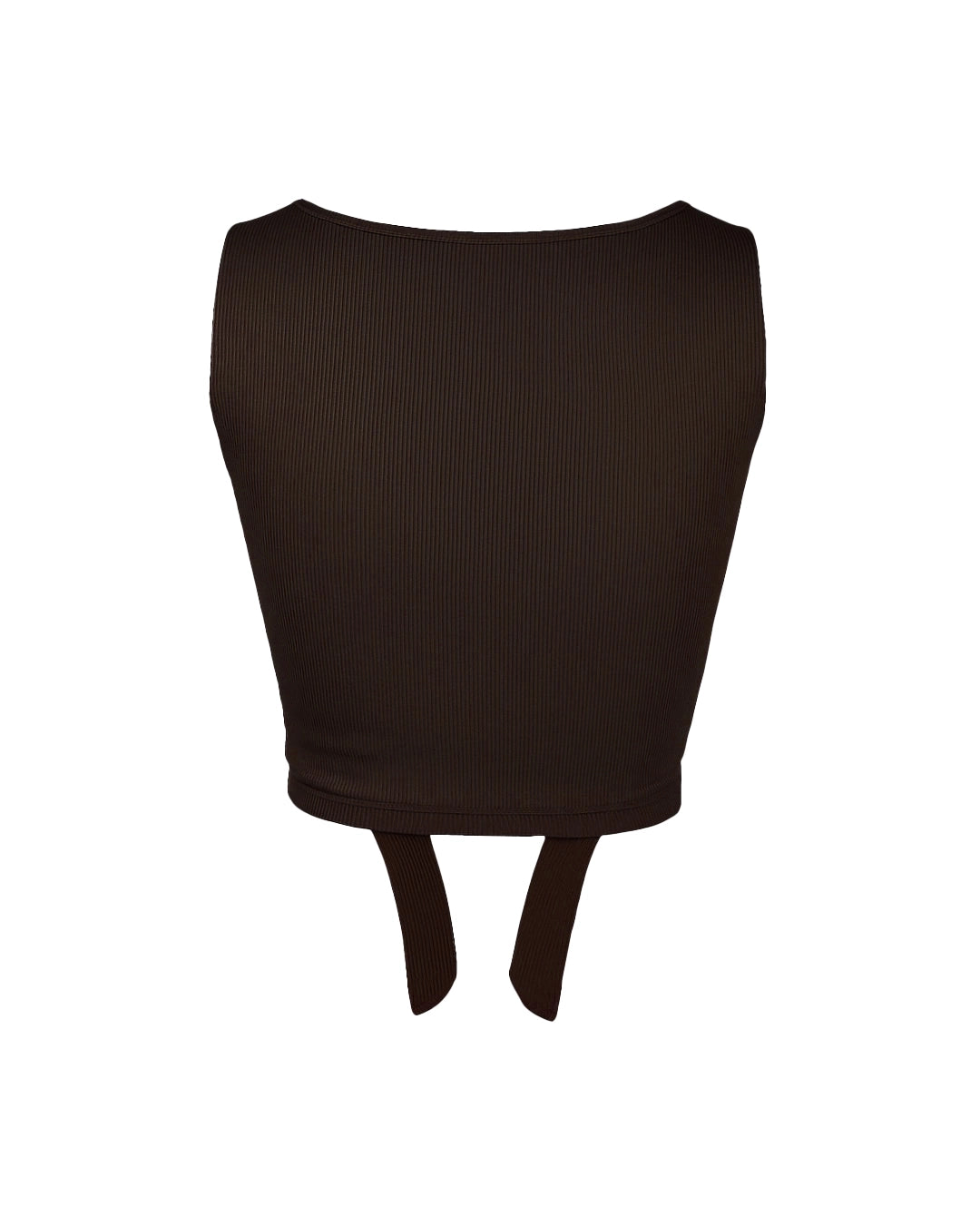 Black ribbed crop top with a tie detail on a white background