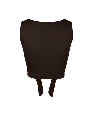 Black ribbed crop top with a tie detail on a white background