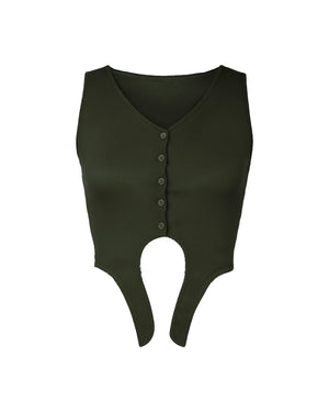 Black button-up vest on a white background