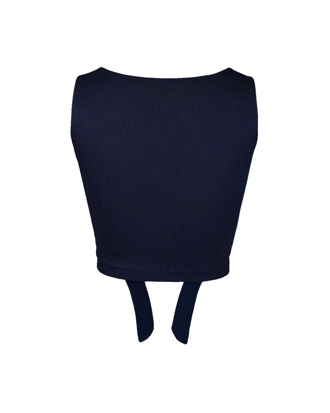 Black ribbed crop top with a tie detail on a white background