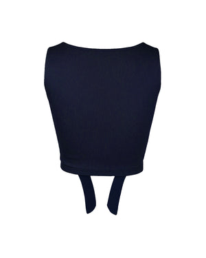 Black ribbed crop top with a tie detail on a white background