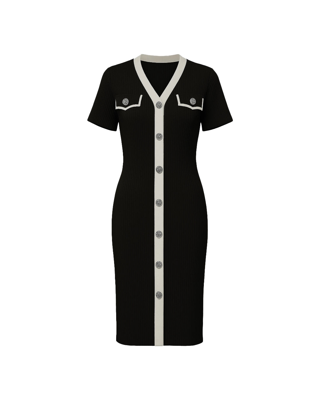 Black dress with white accents on a white background