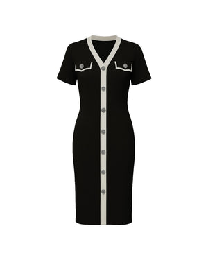Black dress with white accents on a white background