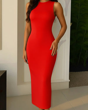 Red dress worn by a person in an indoor setting
