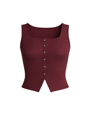 Maroon ribbed tank top with button details on a white background
