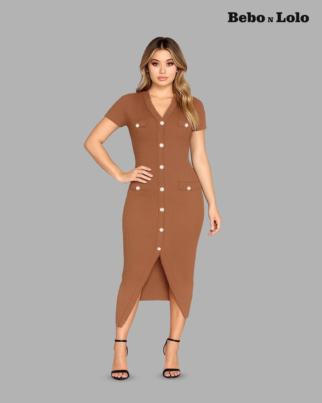 BeboNLolo rust button-down midi dress with pearl buttons, V-neckline and front slit – Front View