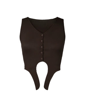 Black button-up vest on a white background