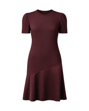 Maroon dress with puff sleeves on a white background