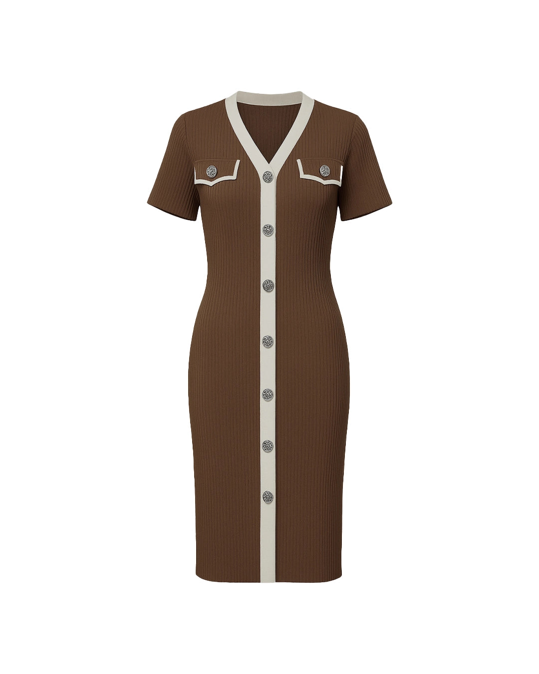 Brown dress with white accents on a white background