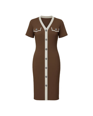 Brown dress with white accents on a white background