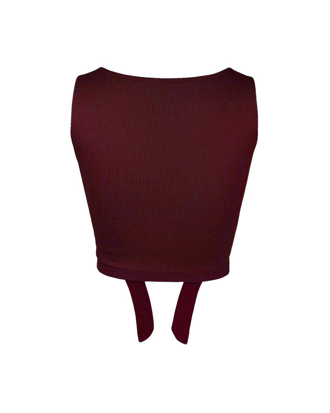 Maroon crop top with a tie detail on a white background
