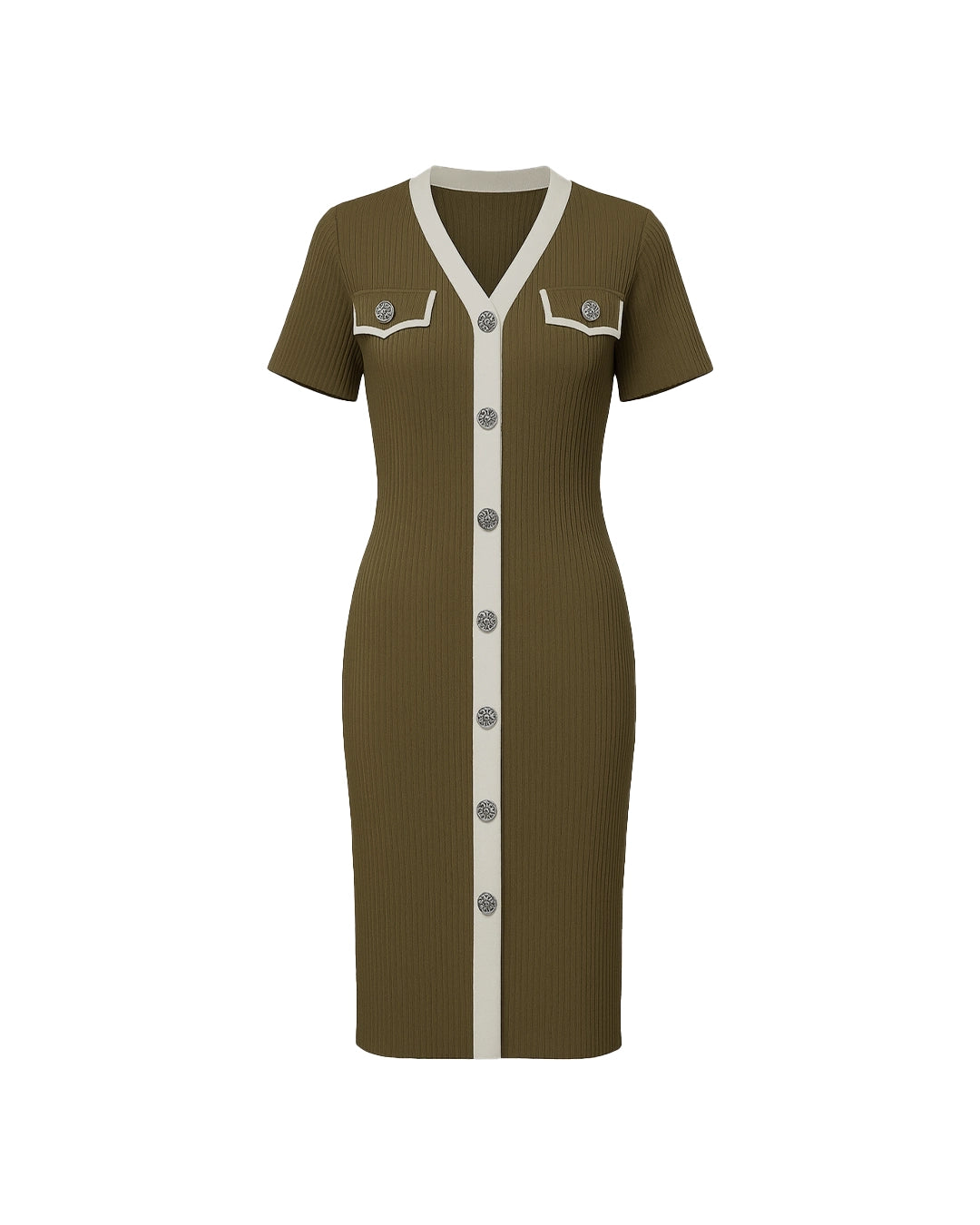 Brown dress with white accents on a white background