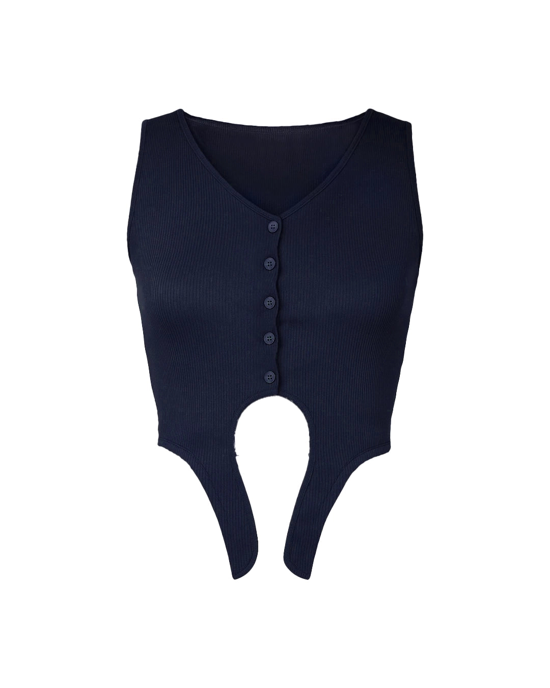 Navy blue sleeveless top with buttons on a white background
