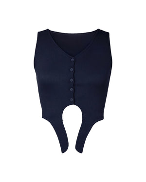Navy blue sleeveless top with buttons on a white background