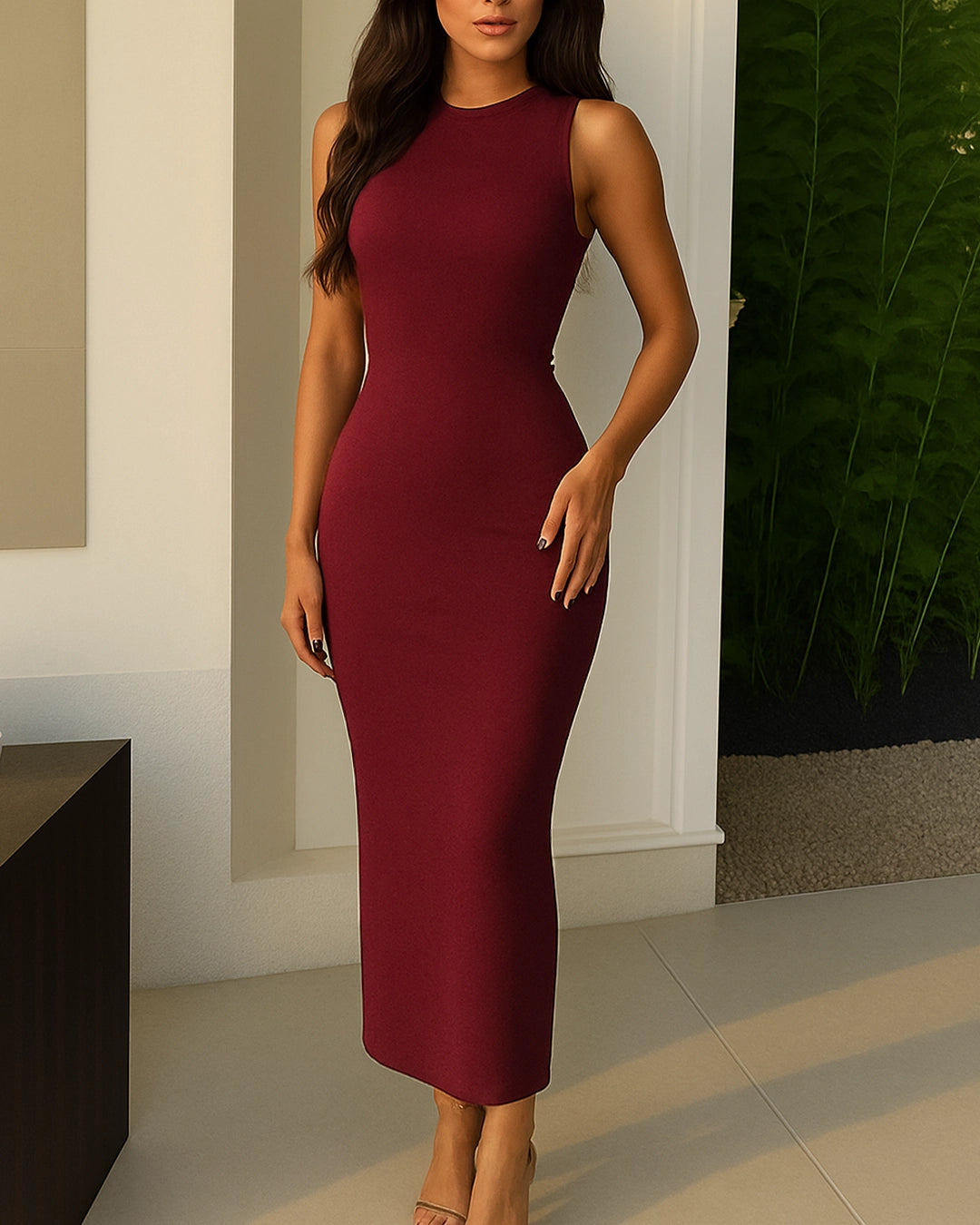 Woman wearing a burgundy dress in an indoor setting