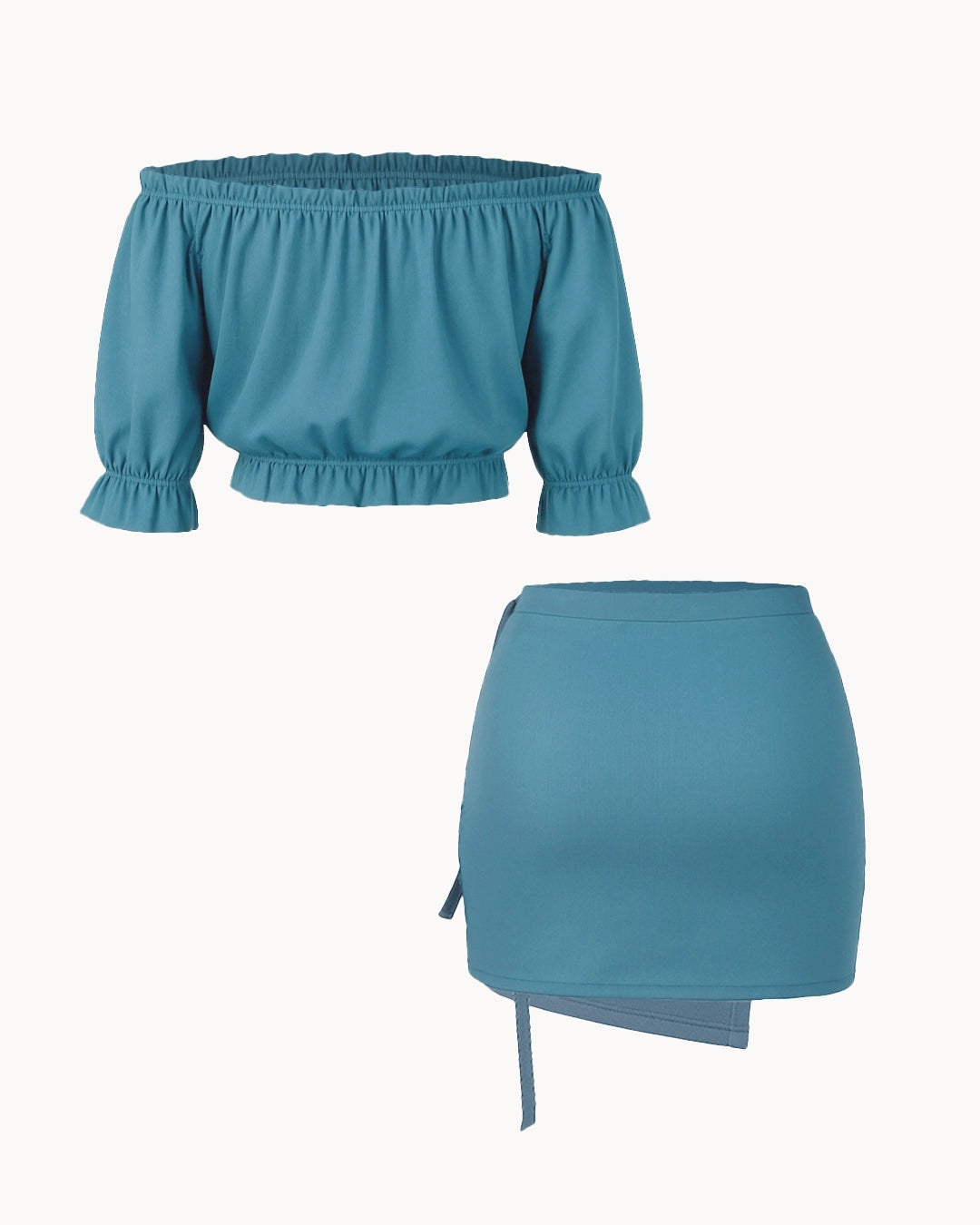 Teal off-shoulder top and skirt set on a white background