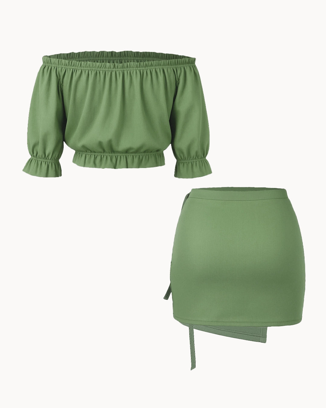 Green off-shoulder top and skirt set on a white background